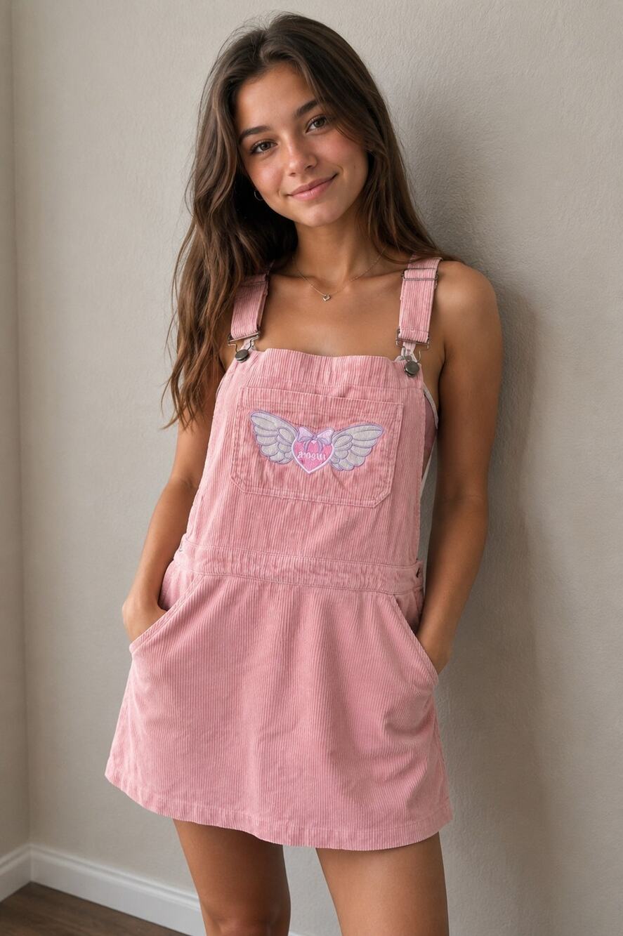 Hot Topic Skirtall Skirt Overalls Bibs Pink Corduroy Sz L Kawaii Winged Heart